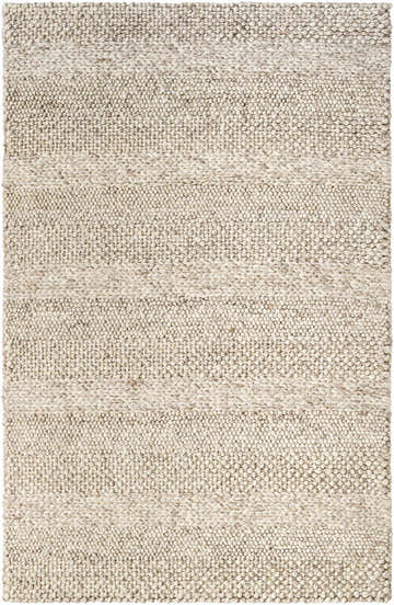 Close-up of the Mitzy Area Rug. Hand-woven, beige wool rug with a textured, nubby design and subtle stripe detail. Design-Rectangle-576
