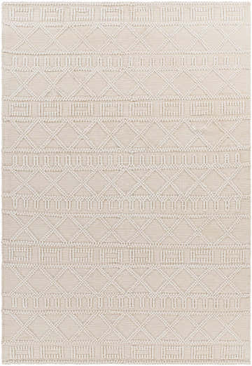 Close-up of the Canta Area Rug in bone. Hand-woven recycled PET yarn with a geometric, diamond pattern. Farmhouse style. Design-Rectangle-576