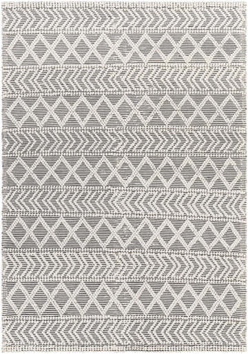 Close-up of the Chimamanda Area Rug featuring a geometric pattern in arctic stone and dark gray recycled PET yarn. Hand-woven texture. Design-Rectangle-576