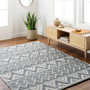 Entryway with geometric Evita Area Rug in dark gray, light gray, and white. Farmhouse style console table and snake plant. Roomscene-Rectangle