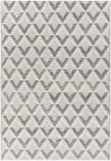 Close-up of the hand woven Maik Area Rug. Dark gray diamond geometric pattern on light gray recycled PET yarn. Design-Rectangle-576