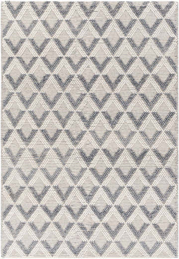 Close-up of the hand woven Maik Area Rug. Dark gray diamond geometric pattern on light gray recycled PET yarn. Design-Rectangle-576