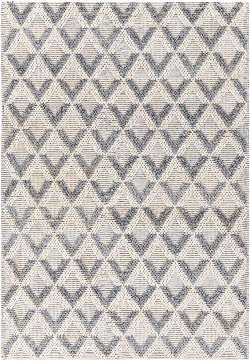 Close-up of the hand woven Maik Area Rug. Dark gray diamond geometric pattern on light gray recycled PET yarn. Design-Rectangle-576