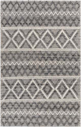 Close-up of the hand woven Yuka Area Rug. Dark gray and natural gray geometric pattern with textured recycled PET yarn. Design-Rectangle-576