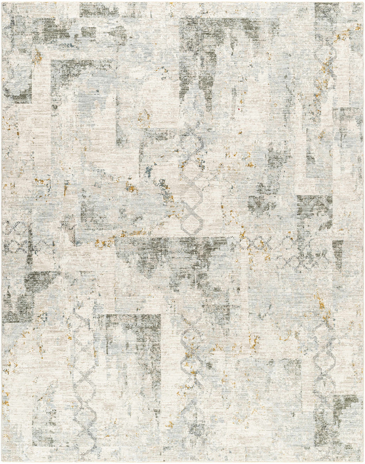 Close-up of the Adlai Textured Rug with Fringes. Features a contemporary design in dusty sage, gray, and off-white hues. Design-Rectangle-710103