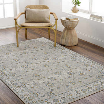 Living room scene with Amaru Cream & Sage Textured Rug, gold chair, wood floors, and neutral decor. Roomscene-Rectangle