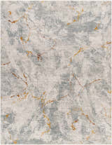 Close-up of the Asena Textured Rug. Features caramel, gray, and copper abstract patterns. Machine woven polyester. Design-Rectangle-710103