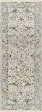 Close-up of the Aviva Off-White Textured Rug with Fringes. Features a traditional design in off-white, gray, and mustard tones. Design-Runner-2710