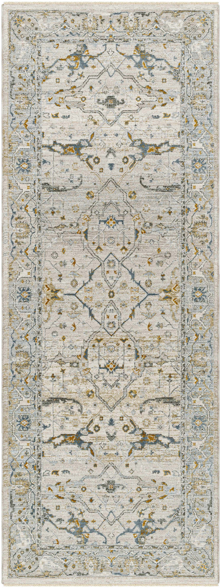 Close-up of the Aviva Off-White Textured Rug with Fringes. Features a traditional design in off-white, gray, and mustard tones. Design-Runner-2710