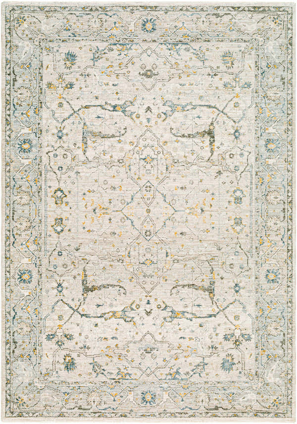 Detailed view of the Aviva Off-White Textured Rug with Fringes. Features a traditional design in off-white, blue, and mustard. Design-Rectangle-575