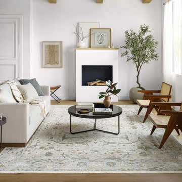 Living room with white sofa, chairs, and Aviva Off-White Textured Rug with Fringes, creating a bright, airy, and stylish farmhouse feel. Roomscene-Rectangle