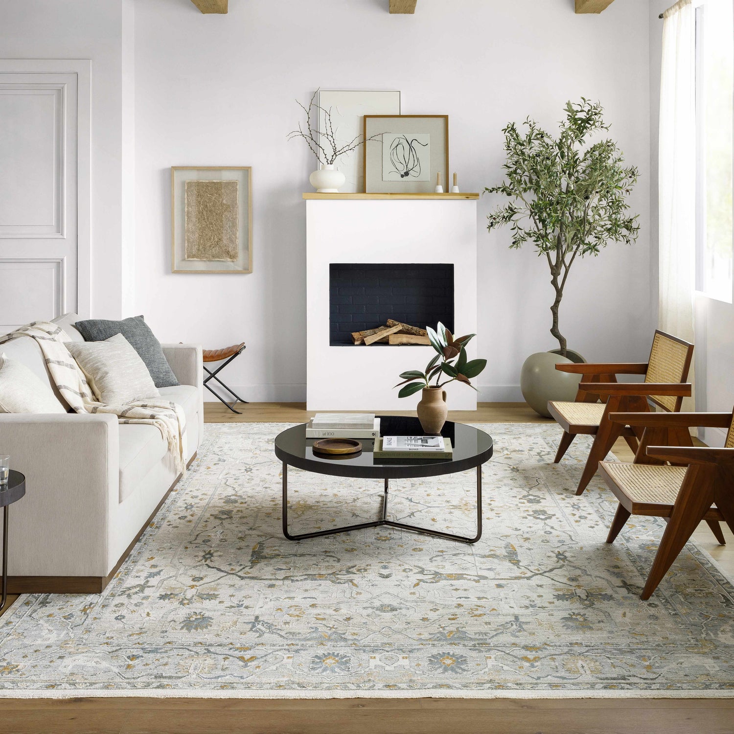 Living room with white sofa, chairs, and Aviva Off-White Textured Rug with Fringes, creating a bright, airy, and stylish farmhouse feel. Roomscene-Rectangle
