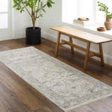 Entryway with Aviva Off-White Textured Rug runner, wood bench, and potted plant creating a farmhouse style. Roomscene-Runner