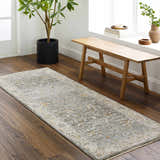 Entryway with a wooden bench and Aviva Teal Textured Rug runner on hardwood floors. Roomscene-Runner
