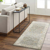 Living room scene with Aviva Teal Textured Rug runner, sofa, console table, and wood floors. Roomscene-Runner