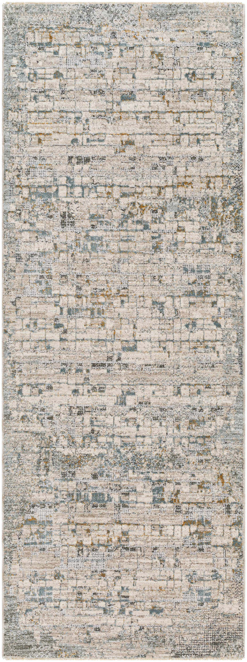 Close-up of the Chaka Textured Rug. Features a contemporary design in off-white, teal, and mustard hues. Design-Runner-2773