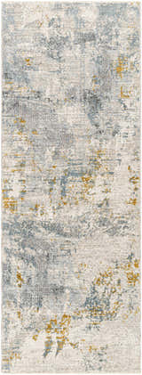 Close-up of the Chaya Textured Abstract Rug. Features dusty sage, ink blue, mustard, and gray hues in a contemporary design. Design-Runner-2710