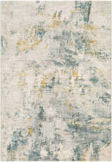 Close-up of the Chaya Textured Abstract Rug. Features dusty sage, ink blue, mustard, and off-white hues in a contemporary design. Design-Rectangle-575