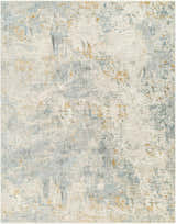 Close-up of the Chaya Textured Abstract Rug. Features a distressed pattern in off-white, blue, gray, and mustard tones. Design-Rectangle-710103