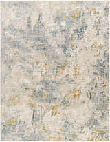 Close-up of the Chaya Textured Abstract Rug with Fringes. Colors include dusty sage, ink blue, mustard, and off white. Design-Rectangle-710103
