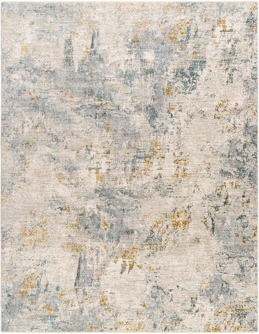 Close-up of the Chaya Textured Abstract Rug with Fringes. Colors include dusty sage, ink blue, mustard, and off white. Design-Rectangle-710103