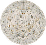 Close-up of round Emile Textured Rug. Farmhouse style rug with floral design in dusty sage, light gray, mustard, and off white. Design-Round-53