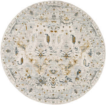 Close-up of round Emile Textured Rug. Farmhouse style rug with floral design in dusty sage, light gray, mustard, and off white. Design-Round-53