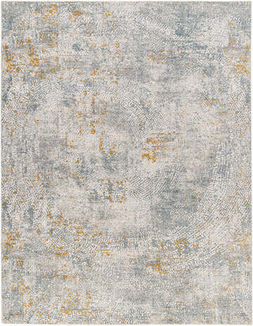 Close-up of the Fleur Textured Rug. Contemporary design with gray, blue, and gold accents. 100% Polyester. Design-Rectangle-710103