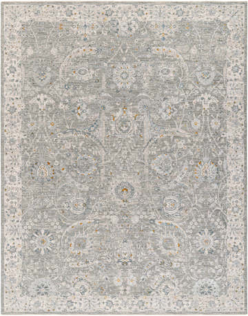Close-up of the Gauge Gray Blue Textured Rug. Farmhouse style rug with gray, blue, and brown floral pattern. Design-Rectangle-710103
