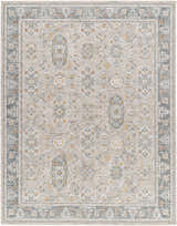 Close-up of a Greco Textured Rug with Fringes. The rug has a traditional pattern in gray, light gray, and nutmeg colors. Design-Rectangle-710103