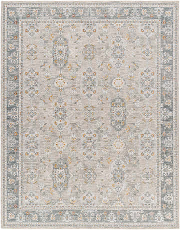 Close-up of a Greco Textured Rug with Fringes. The rug has a traditional pattern in gray, light gray, and nutmeg colors. Design-Rectangle-710103