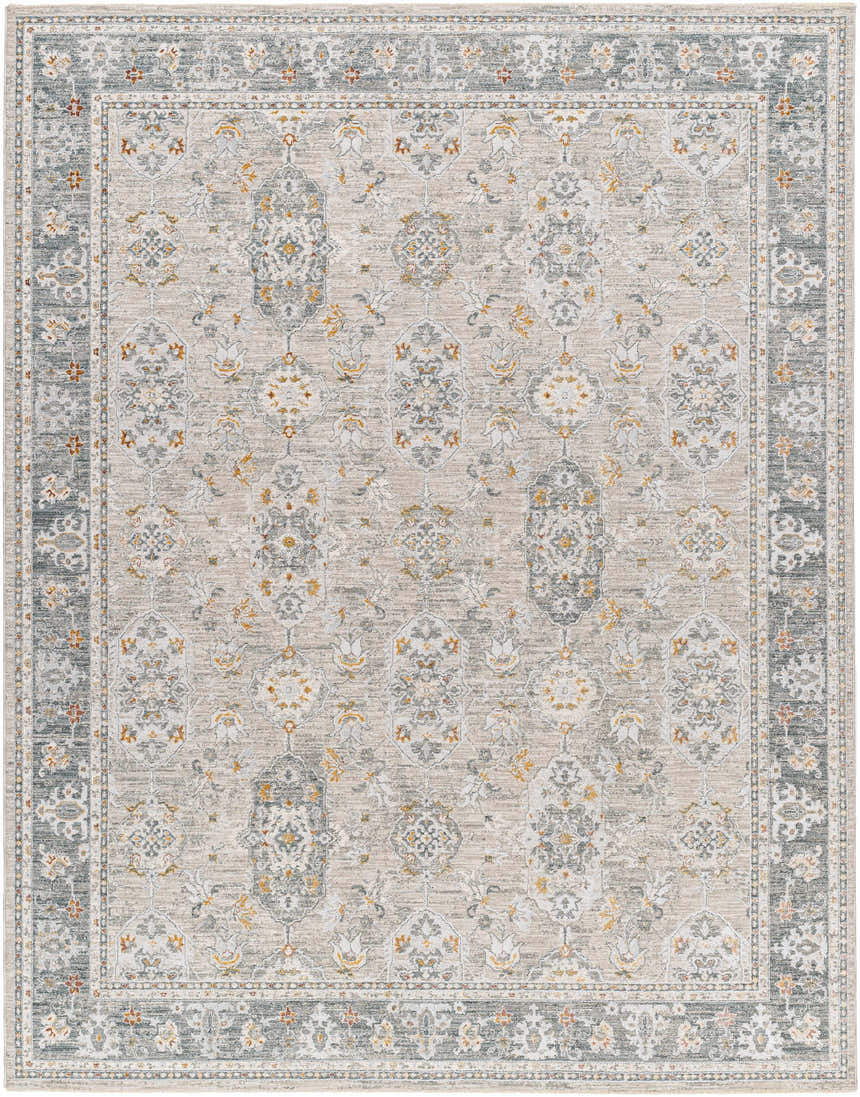 Close-up of a Greco Textured Rug with Fringes. The rug has a traditional pattern in gray, light gray, and nutmeg colors. Design-Rectangle-710103
