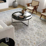 Living room with a gray sofa and Greco Textured Rug with Fringes in gray, brown, and natural tones. Roomscene-Rectangle