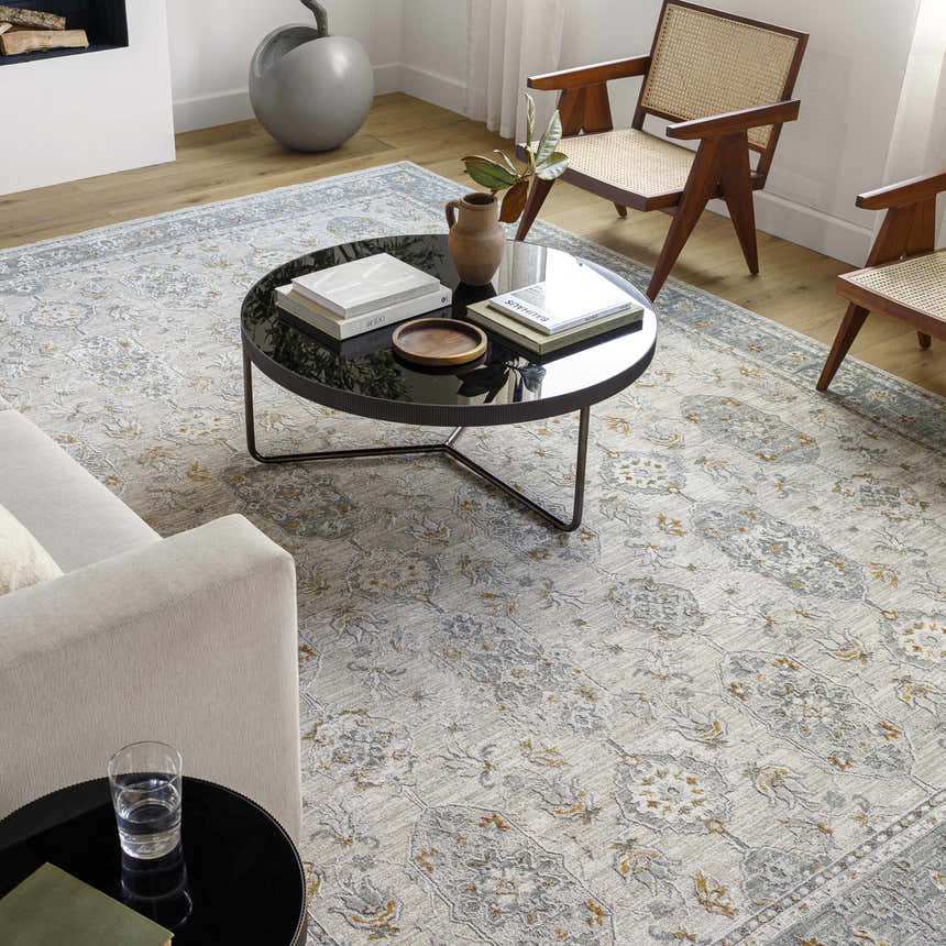 Living room with a gray sofa and Greco Textured Rug with Fringes in gray, brown, and natural tones. Roomscene-Rectangle