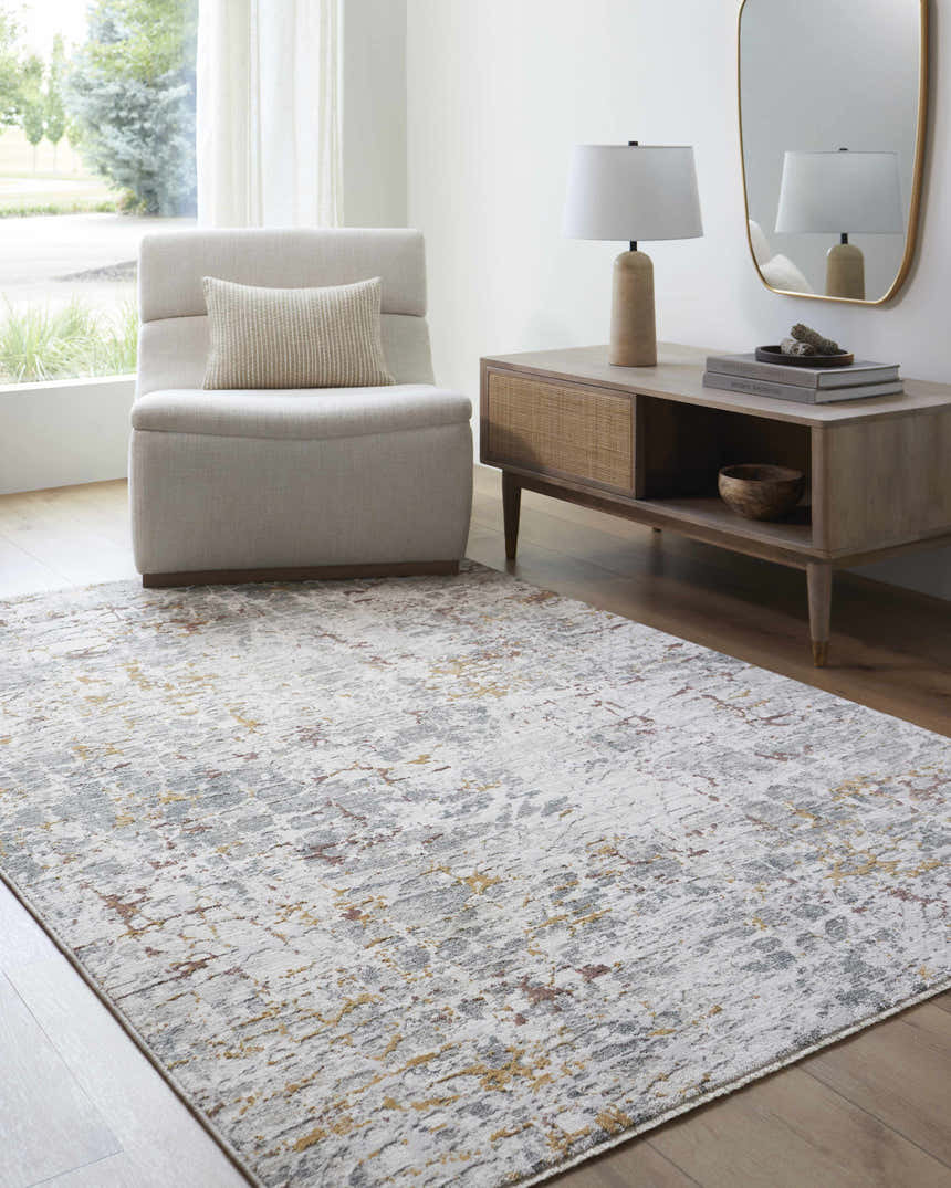 Living room scene with light gray Kasim Textured Rug, neutral armchair, and mid-century modern console table. Roomscene-Rectangle