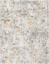 Close-up of the light gray Kasim Textured Rug. Abstract pattern with brown and yellow accents. Machine woven polyester rug. Design-Rectangle-710103