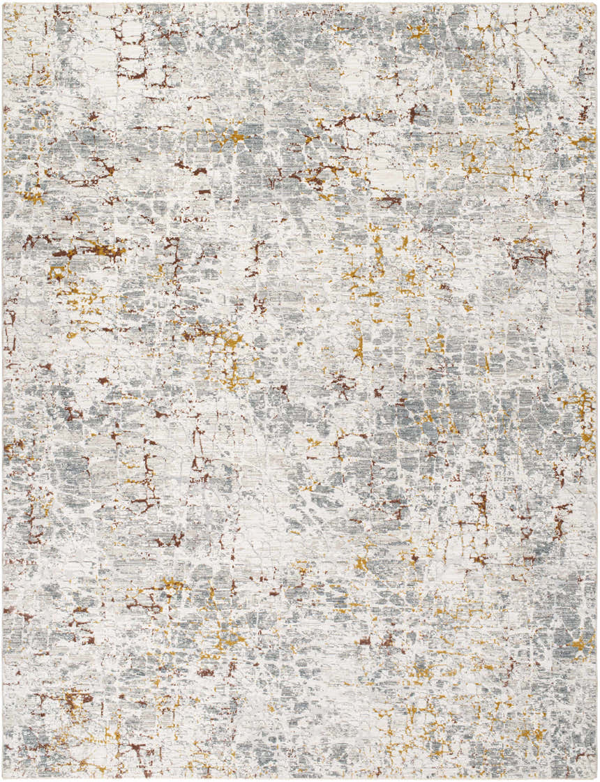 Close-up of the light gray Kasim Textured Rug. Abstract pattern with brown and yellow accents. Machine woven polyester rug. Design-Rectangle-710103