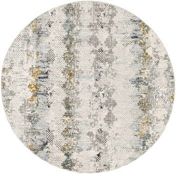 Close-up of the round Lalo Textured Rug. Features an off-white base with distressed ink blue, gray, and mustard accents. Design-Round-53