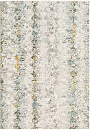 Close-up of the Lalo Textured Rug. Off-white rug with vertical stripes of dusty sage, ink blue, and mustard. Contemporary style. Design-Rectangle-575