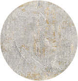 Close-up of a round Mila Textured Rug. Features a gray and white abstract pattern with hints of gold. Design-Round-67