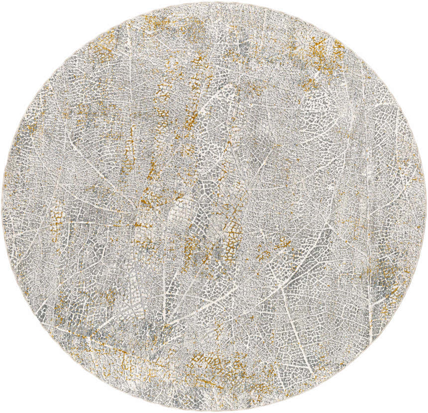 Close-up of the round Mila Textured Rug. Features a leaf-like pattern in cloud gray, light gray, and gold tones. Design-Round-710