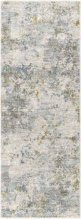 Close-up of Pizi Textured Rug with Fringes. Abstract design in dusty sage, ink blue, light gray, mustard, and off white. Design-Runner-2773