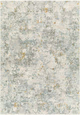 Close-up of the Pizi Textured Rug with Fringes. Contemporary design in dusty sage, ink blue, mustard, and gray hues. Design-Rectangle-6796