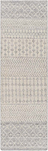 Close-up of the hand woven Seafield Indoor Outdoor Rug. Gray, off white, and slate blue geometric pattern. Design-Runner-268