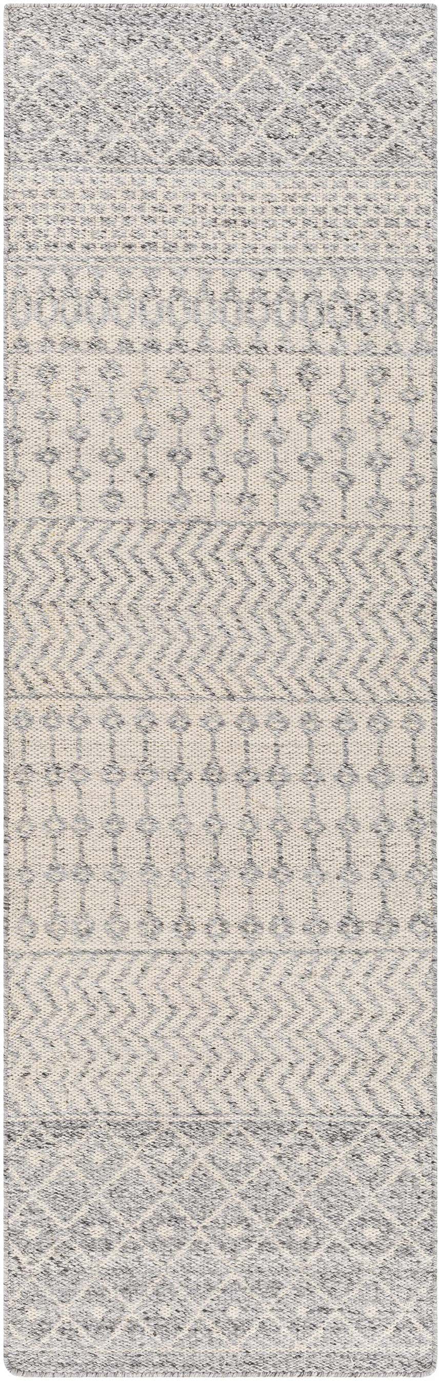 Close-up of the hand woven Seafield Indoor Outdoor Rug. Gray, off white, and slate blue geometric pattern. Design-Runner-268