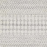 Close-up of the Seafield Indoor Outdoor Rug in gray, off-white, and slate blue with a woven bohemian pattern. Swatch
