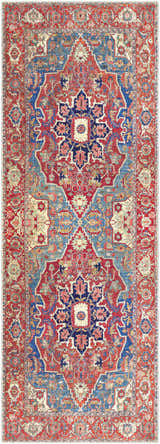 Detailed close-up of the Seattle Area Rug. Features red, blue, and beige tones in an intricate, traditional pattern. Design-Runner-2676