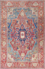 Detailed close-up of the Seattle Area Rug. Traditional design with beige, burnt orange, dark blue, and red floral patterns. Design-Rectangle-576