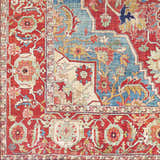 Close-up of the Seattle Area Rug - Clearance, featuring a traditional floral pattern in red, blue, and beige. Swatch