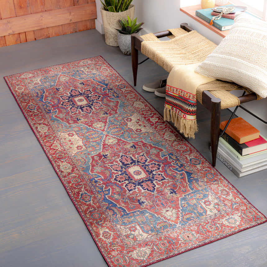 Entryway with Seattle Area Rug runner, woven bench, and decor. Bohemian style with red, blue, and beige tones. Roomscene-Runner